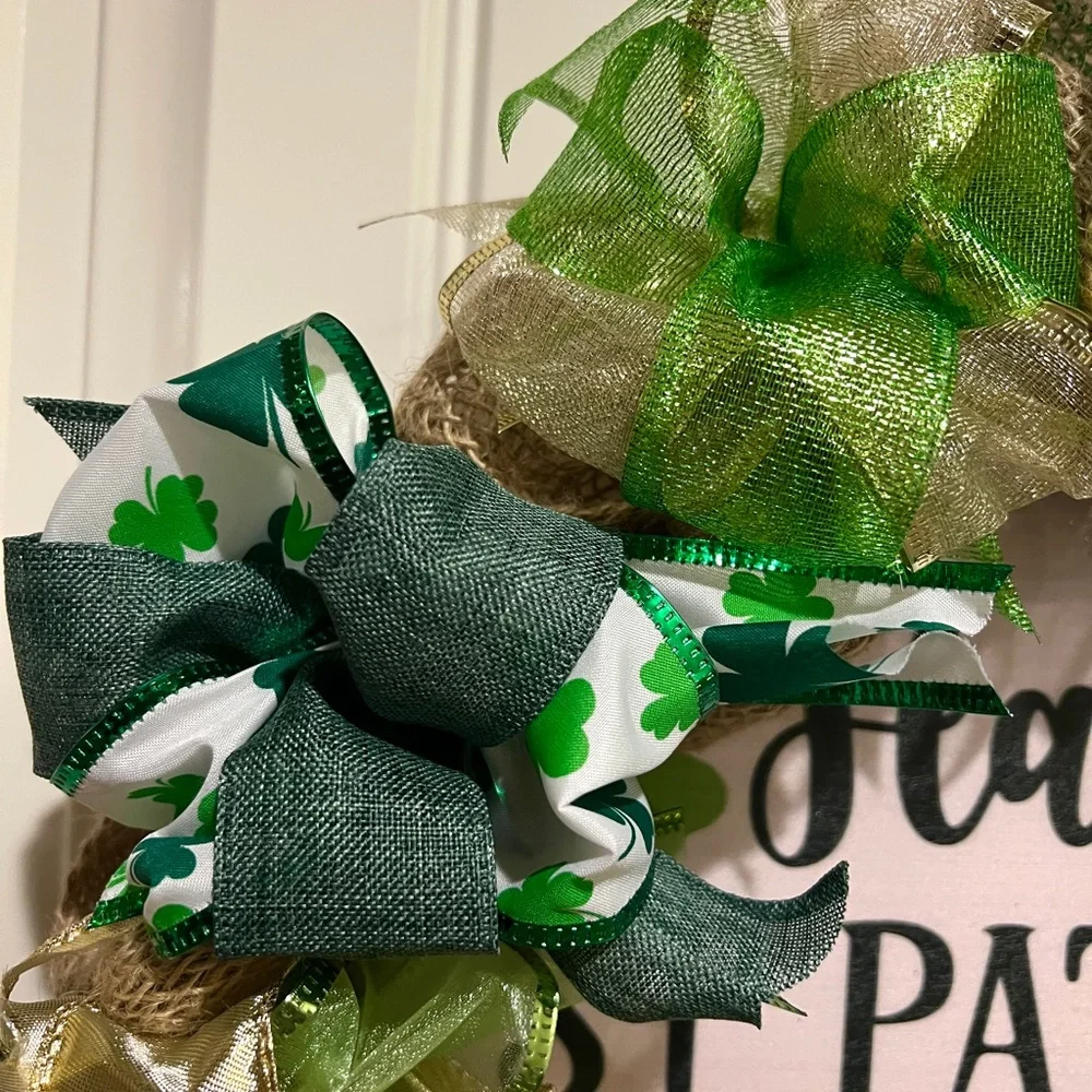 17” Happy St. Patrick’s Day Ribbon Wreath shamrocks in Green, White Handmade W4